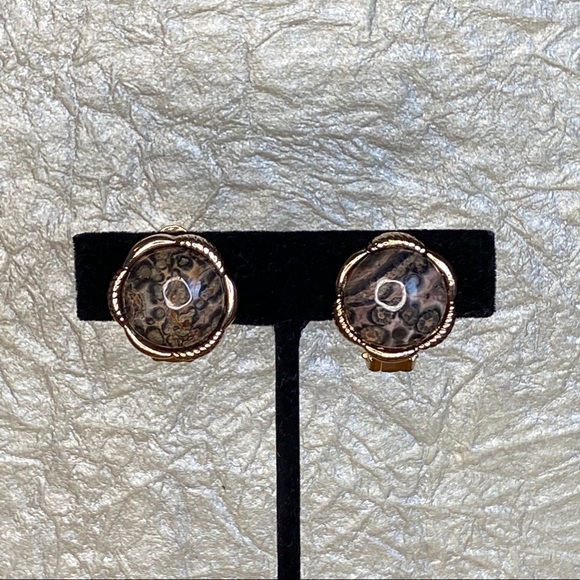 Vintage Stone & Copper Tone Clip On Earrings - Picture 1 of 6